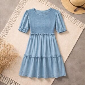 TEAL Chambray Smocked Blue Tiered Puff Sleeve Dress Small